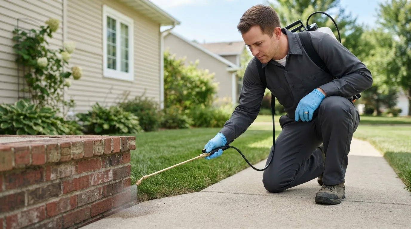 Pest control technician treating a home near Comfrey, MN