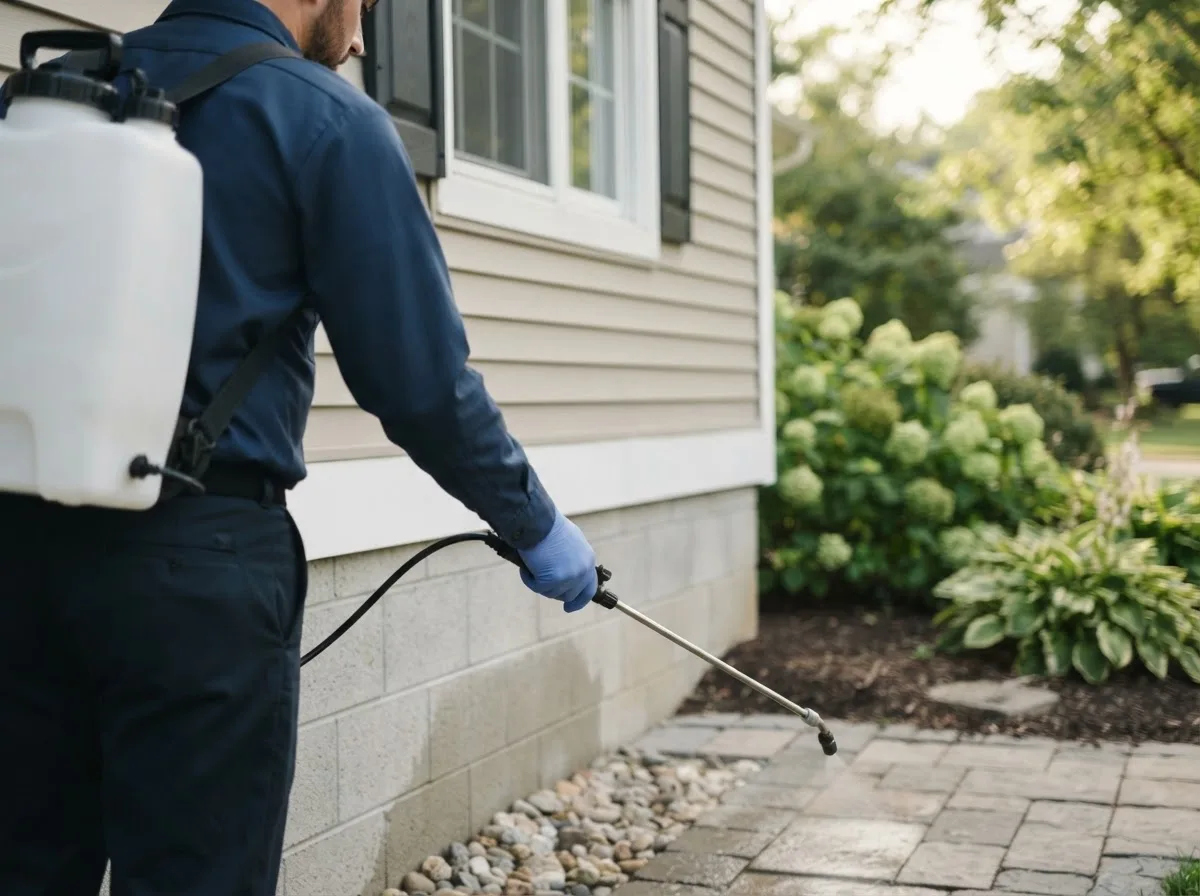 Pest control technician inspecting a home in Comfrey, MN